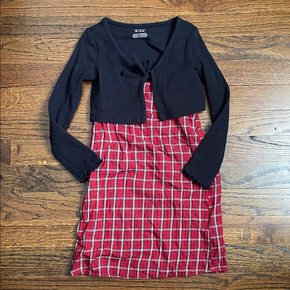 2pc set 4T Girl Plaid dress bolero cardigan matching set layering holiday school